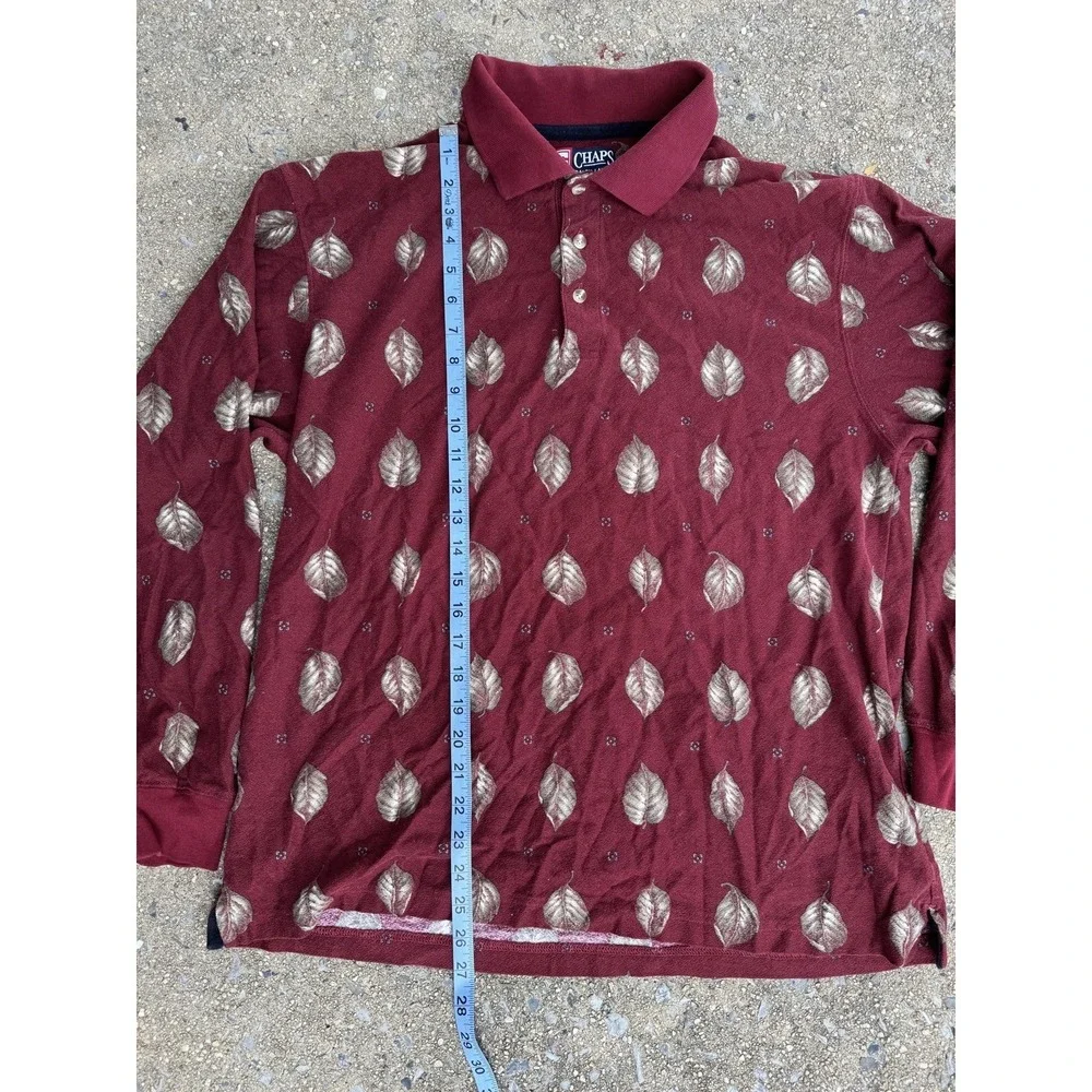 90's Chaps Ralph Lauren Leaf Pattern Polo Long Sleeve Shirt Mens Size L Burgundy